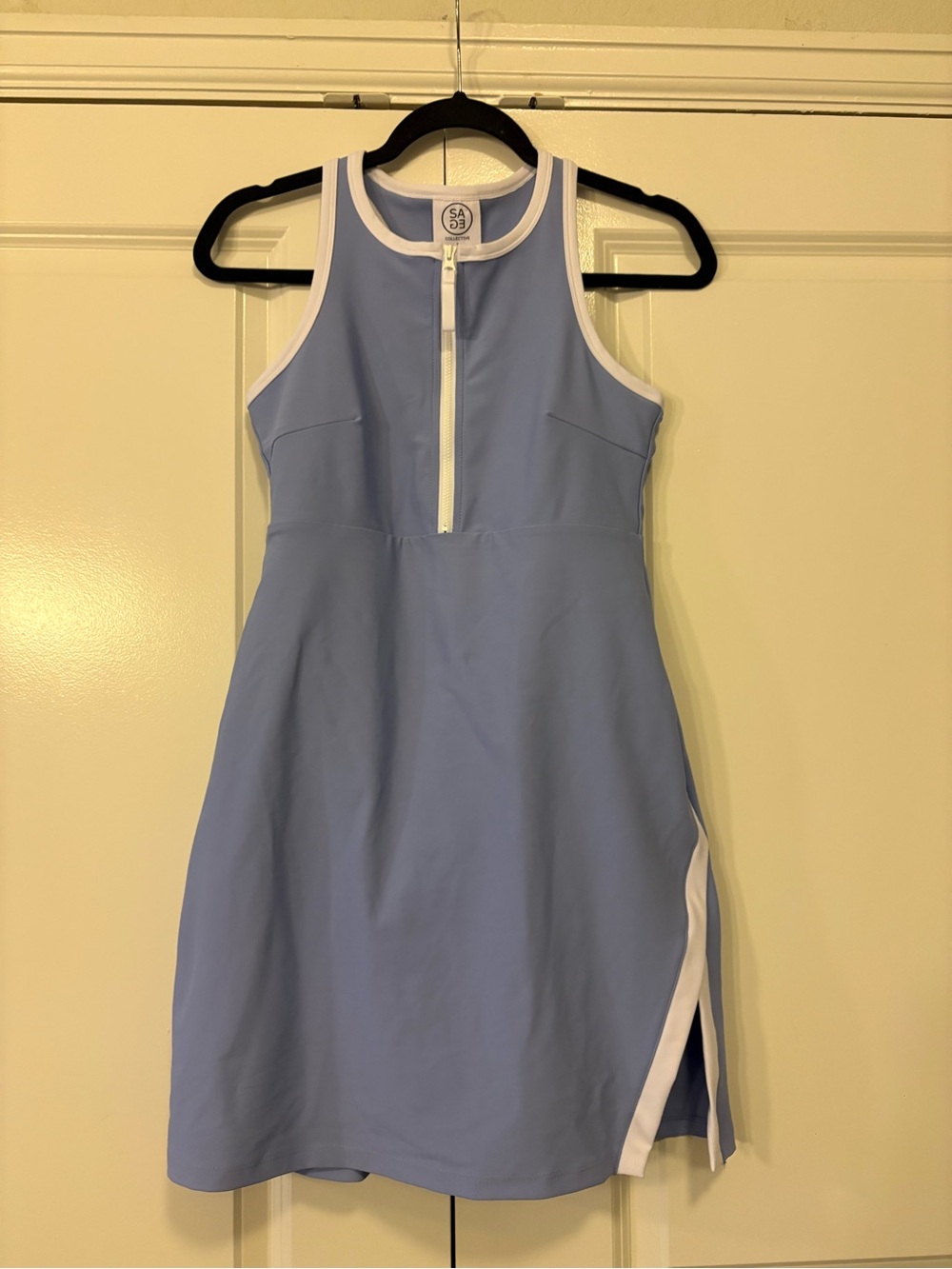 Light Blue Sleeveless Golf Zip-Front Dress with White Trim